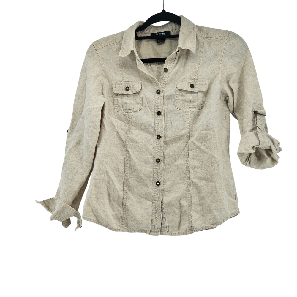 Minimalist Linen Button Down Shirt Top Roll Tab Sleeve 6‎ Euro Summer Coastal